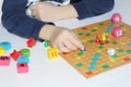 Cube, chips, wooden figures, a bright field for the game