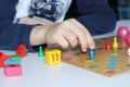 Cube, chips, wooden figures, a bright field for the game