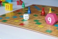 Cube, chips, wooden figures, a bright field for the game