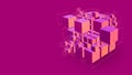 Cube of composite elements, blockchain space, data array, pink banner, business poster