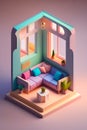 cube cutout of an isometric living room, 3d art, pastel colors, soft lighting, high detail, artstation, concept art, behance, ray