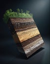 Cube of earth shows soil layers, grass, and tree roots on top, underneath a glowing light source Royalty Free Stock Photo