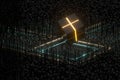 The cube floats above the glowing cubes, 3d rendering