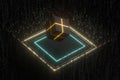 The cube floats above the glowing cubes, 3d rendering