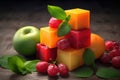 cube of fruits at the table idea product photography, colors, studio lighting AI Generated