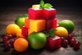 cube of fruits at the table idea product photography, colors, studio lighting AI Generated