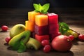 cube of fruits at the table idea product photography, colors, studio lighting AI Generated