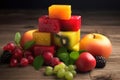 cube of fruits at the table idea product photography, colors, studio lighting AI Generated