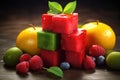 cube of fruits at the table idea product photography, colors, studio lighting AI Generated