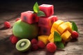 cube of fruits at the table idea product photography, colors, studio lighting AI Generated