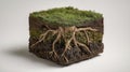 A cube of grass covered soil with exposed tree roots and layers of moss on a neutral background Royalty Free Stock Photo