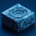 A cube with a hexagonal, layered geometric pattern on its top surface. The cube Royalty Free Stock Photo