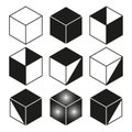 Cube icons set. Geometric shapes collection. Black and white vector. 3D abstract cubes.
