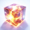 A cube is lit up with bright orange flames