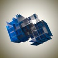 Abstract cube made of blue color plates on a gray background. 3d rendering. Innovative impressive technologies