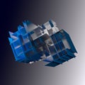 Abstract cube made of blue color plates on a gray background. 3d rendering. Innovative impressive technologies