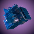 Abstract cube made of blue color plates on a purple background. 3d rendering. Innovative impressive technologies