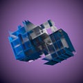 Abstract cube made of blue color plates on a purple background. 3d rendering. Innovative impressive technologies