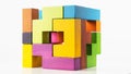Cube made of multicolored wooden figures on a white background.