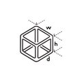 Cube model measuring hand drawn outline doodle icon.