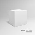 Cube podium. 3d cube pedestal, white blank block for product promo. 3d in perspective with shadow vector advertising