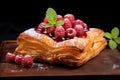 A cube-shaped croissant stuffed with raspberries and mint