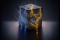 a cube shaped object with a lightning effect on it\'s surface and a black background with a yellow and blue lightening effect