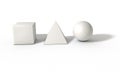 Cube, sphere and pyramid on lasting white, 3d render