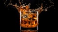 cube splashing whiskey on black background