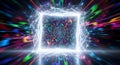 Geometric wireframe cube explodes with colorful digital data streams against dark background Royalty Free Stock Photo