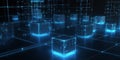 Cube technology on Converging point of circuit with Abstract blue background. Blockchain Network System. Big data storage Royalty Free Stock Photo
