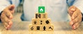 Cube wooden toy block stack in pyramid with hand protect with fire icon Royalty Free Stock Photo