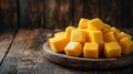 Cubed mango on wooden plate Royalty Free Stock Photo