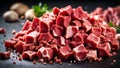 Cubed raw beef and ground beef on a white background. Generative AI