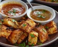 Cubed tortillas with dipping sauce on plate, traditional mexican food pic