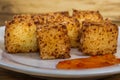 Cubes of cheese and tapioca. Brazilian snack called Dadinho de tapioca made with rennet cheese and tapioca flour, served with