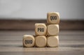 Cubes and dice with business message quid pro quo on wooden background