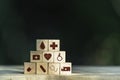 Cubes dice health and medical symbols with copy space. Healthy and medical concept