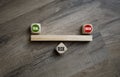 Cubes and dice with message Trial and Error on wooden floor