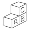 Cubes with first letters of alphabet thin line icon, kid toys concept, ABC cubes sign on white background, letter block