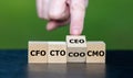 Cubes form the abbreviations 'CFO, CTO, COO, CMO and CEO' as symbol for hierarchy of the leadership in a company Royalty Free Stock Photo