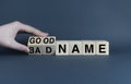 Cubes form the words Bad name or good name. Reputation concept in business Royalty Free Stock Photo