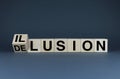 Cubes form words Illusion or delusion. Mind Perception Concept Royalty Free Stock Photo