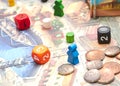 Cubes with the game on the table. themed Board games. vertical view of the Board game close-up