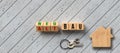 Cubes with German message for NEW BUILDING and OLD BUILDING with keys and house symbol - 3d illustration