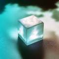 Cubes of glass or ice with white streaks and clouds inside on a plate with blue vapor in the background, made with generative AI