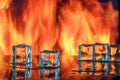 three ice cubes against the background of fire, fire and ice, place under the text 1 Royalty Free Stock Photo