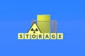 Cubes with inscription storage near barrel with radioactive substance and sign on blue background