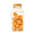 Cubes inside a bottle with a yellow lid on a white canvas Royalty Free Stock Photo
