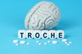 Cubes lie on the table among the pills and imitation of the brain. The text on the dice - TROCHE Royalty Free Stock Photo